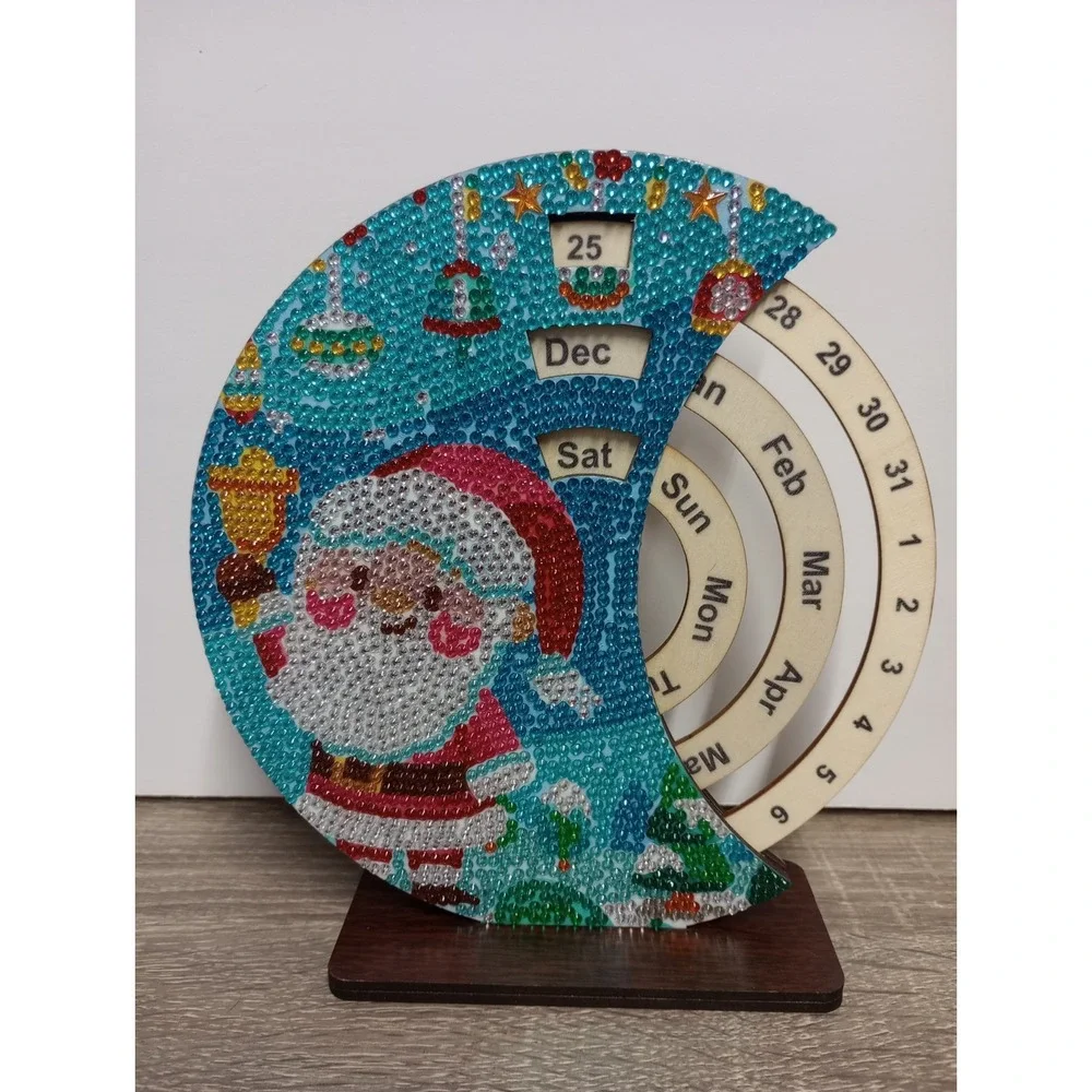 Wooden Diamond Painted Perpetual Rotating Desk Calendar - Santa Claus